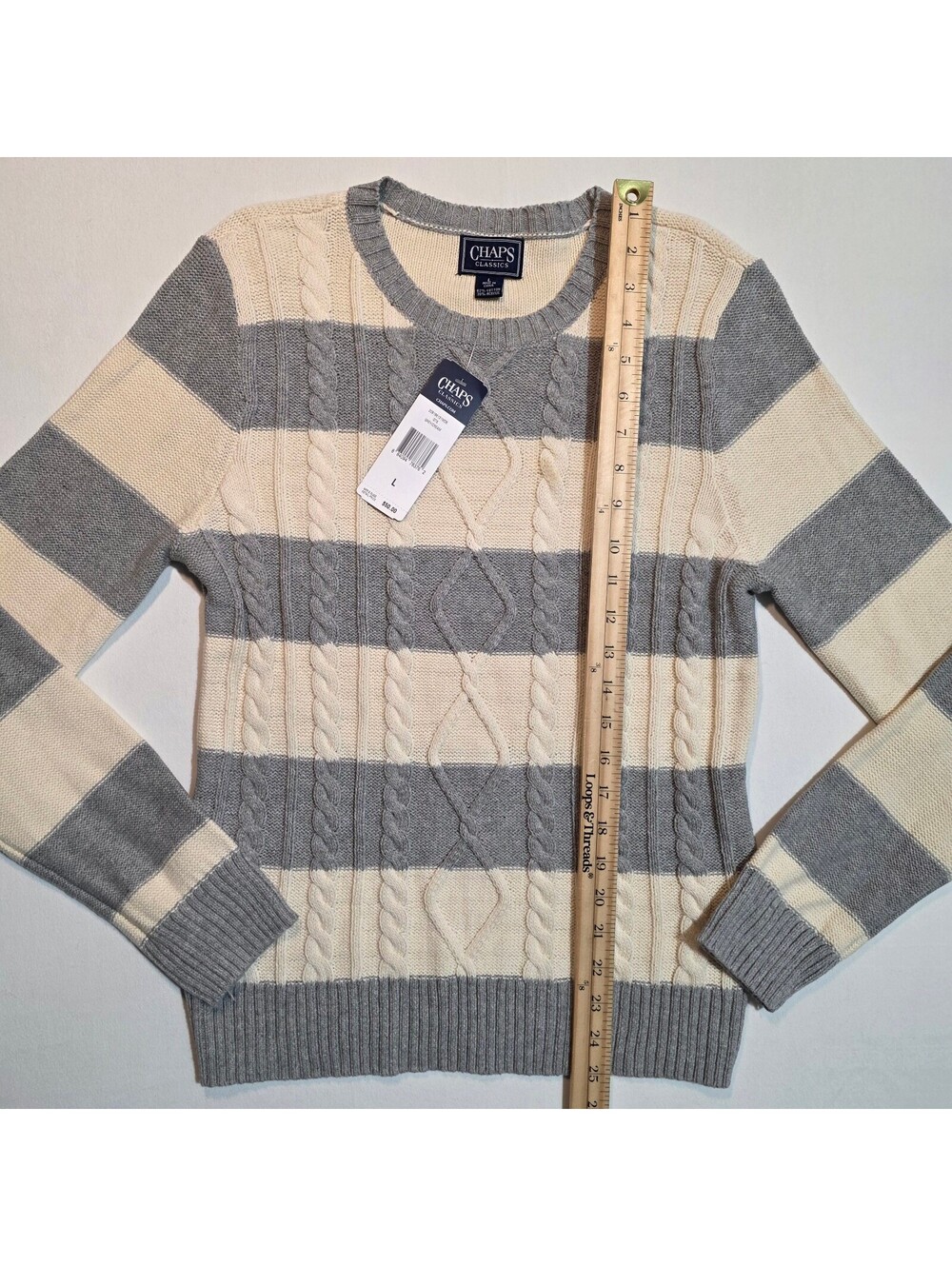NWT Chaps Classics Striped Cable Knit Crewneck Sweater Grey Cream Women's Large - Picture 4 of 6